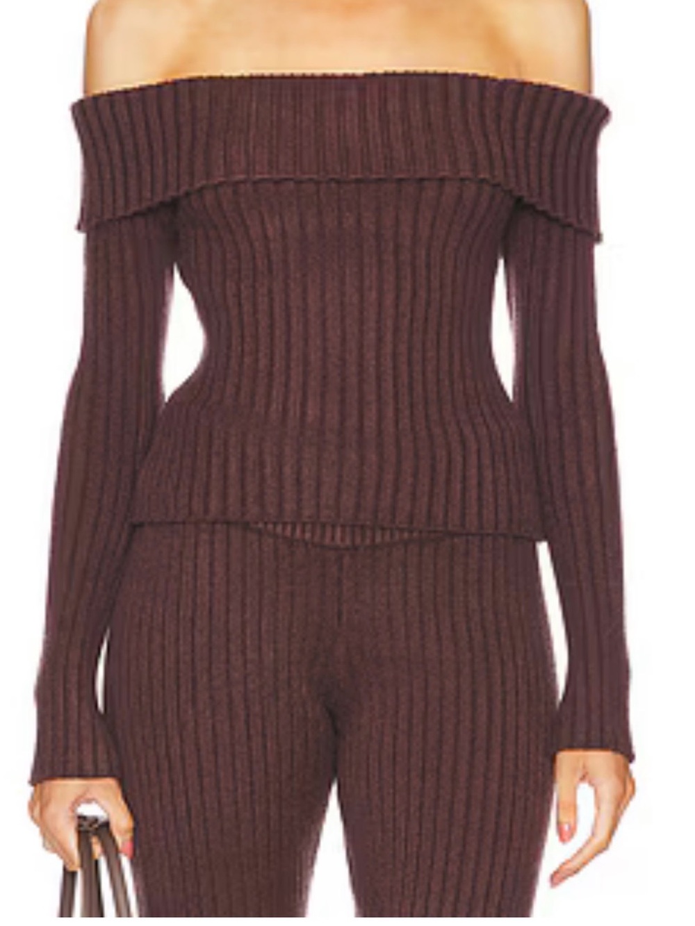 GUIZIO Thalia Rib Off Shoulder Sweater Chocolate Brown NWT